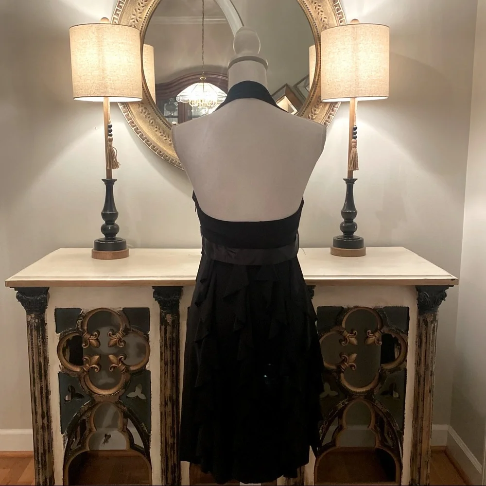 π€ Betsy & Adam Sexy Black Halter Dress Tiered Skirt & Padded Bust 8 Petite β¨ - Picture 5 of 7